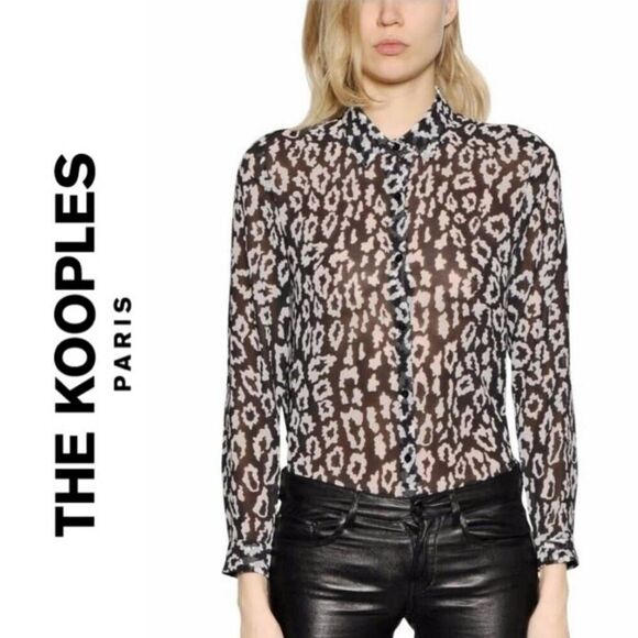 The Kooples Animal Print Leopard Semi-Sheer Chiffon Button Down Blouse Sz 0 - Picture 1 of 10